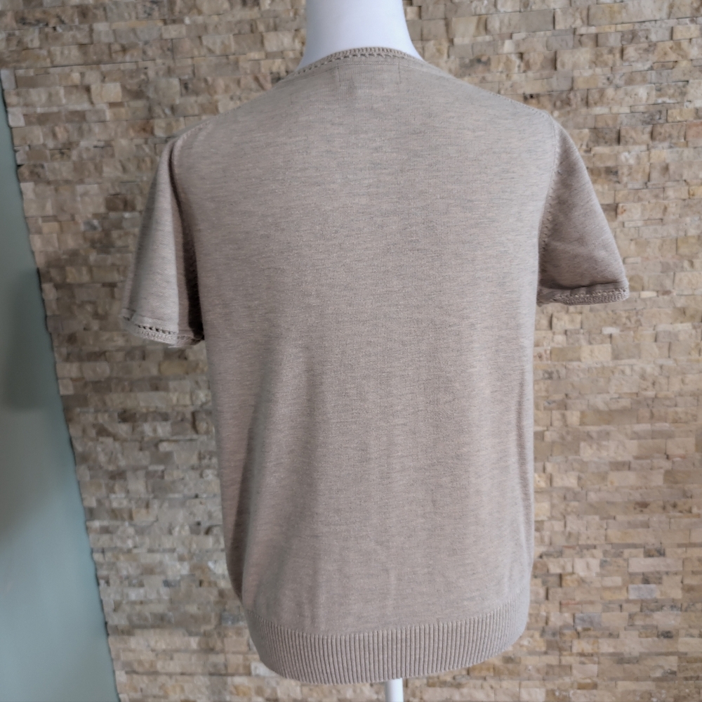 V Neck Short Sleeve Crochet Trim Notch Neck Sweater Top Beige Cream Neutral L - Picture 3 of 6